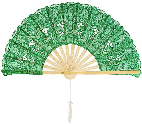 choyaxo Faltbare Handfächer aus Baumwolle mit Spitze, Besticktes Blumenmuster, Handfächer für Kostüm, Hochzeiten, Tanzpartys, DIY, Braut-Handfächer (grün)