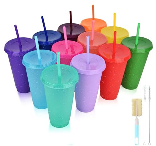 NUZEKY Reusable Plastic Cups with Straws & Lids - 12Pcs 24oz Cold Iced Coffee Drinking Cup Colorful Straw Tumblers Bulk - Cute Durable Travel Party Cup for Adults, 558CERII03XAPFA