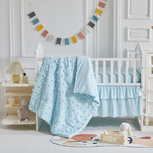 3-teiliges Bettwäsche-Set für Kinderbett, getuftete Punkte, Jacquard, Baby-Bettdecke mit Spannbetttuch und Bettrock – niedliche Stickerei, Boho, Shabby-Chic-Bettwäsche, weiche Decke, Pompom-Tufts,