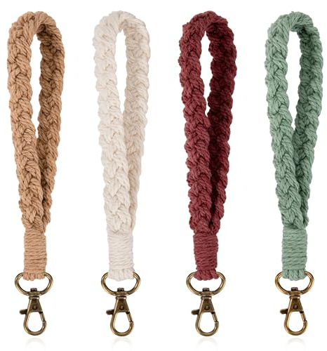 Newellsail Boho-Makramee Schlüsselanhänger Handgefertigt Geflochtenes Armband Handgelenk Schlüsselband Damen Handgelenk-Lanyard 4 Stück (4 Farben)