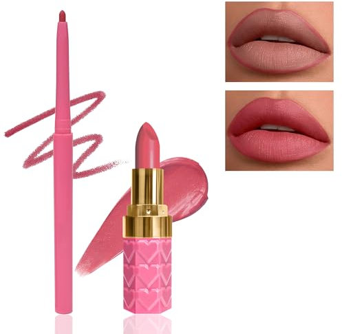 Rose Lipliner and Lippenstift Set-2Pcs Samt Matt Wasserfest Lipstick, Langanhaltend 24 Stunden Halt Not-Stick Cup Lipgloss, Hoch Pigmentiert Lippen Make-up Set für Frauen zum Frauentag-P01
