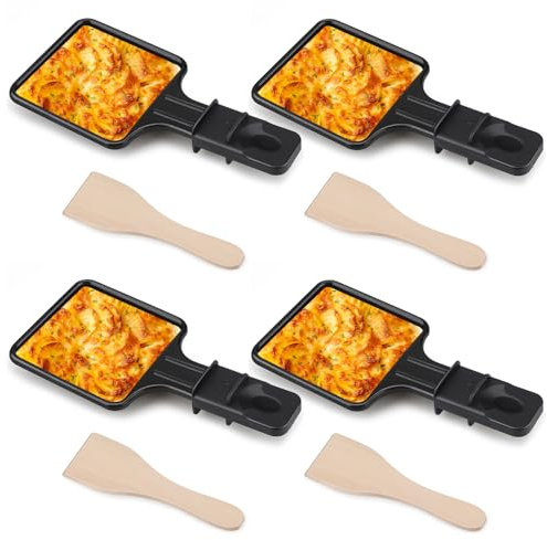 Salubohum 4 Stück Raclette Pfännchen, Käse Grillpfannen, antihaftbeschichtet, mit 4 Holzschaufeln für den universellen Elektrogrill, Grillen von Käse, Eiern