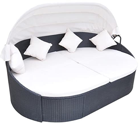 Rantry Sonneninsel mit Sonnendach Sonnenbett mit Dach Gartenliege Möbel Liege Gartenmöbel Lounge Sitzgruppe Sonnenliege für Pools Poly Rattan Schwarz