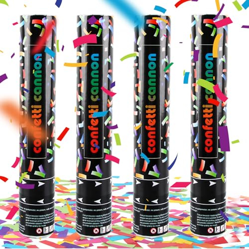 dellyy Konfettikanone*4, Konfettikanone Biologisch Abbaubar, Konfettikanones Hochzeit, Party Popper, Konfettikanon xxl für Hochzeit, Party, Geburtstag, Silvester (Bunt)