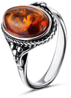 BALTICANA JEWELRY Noda - Anello da donna in ambra baltica ovale, in argento Sterling, con vera pietra preziosa, Argento Sterling con pietre preziose, Ambra