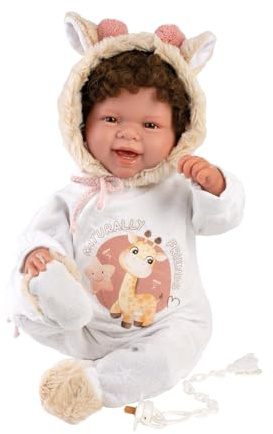 Llorens 1018482 Babypuppe Tala, mit braunen Augen, braunen Locken und weichem Körper, Baby Puppe inkl. Outfit, Schnuller, Schnullerkette, 44 cm