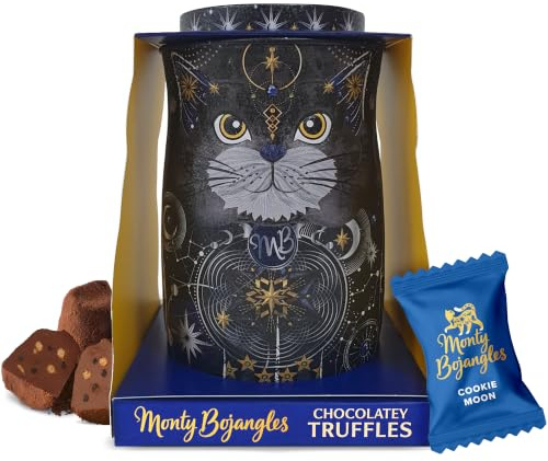 Monty Bojangles Cosmic Blink Schokoladentrüffel mit Kakao bestäubt, Pralinen Gerschenk in individueller Sammlerdose mit Katzen-Design (135 g), Geschmack Cookie Moon