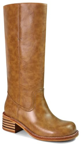 UBWDU Tall Brown Boots for Women Low Heel Platform Wide Calf Knee High Boots Square Toe Chunky Heel Campus Boots Size 9.5