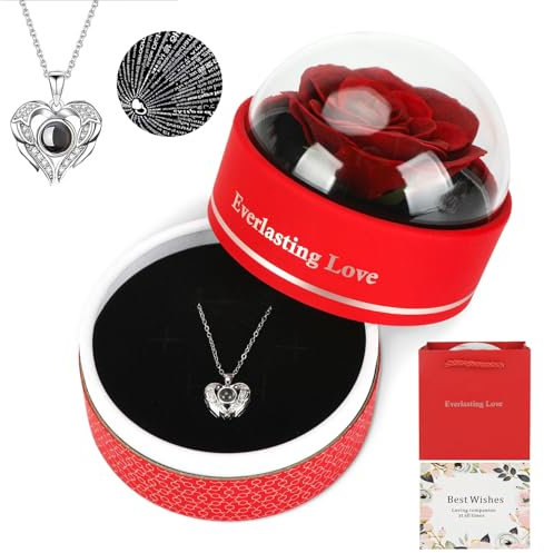 MUCOOS Red Eternal Rose Jewelry Gift Box with Preserved Flowers I Love You Necklace Delivered in 100 Languages ​​Gifts for Women, Girlfriends, Ideal for Christmas and Valentine's Day Gifts!