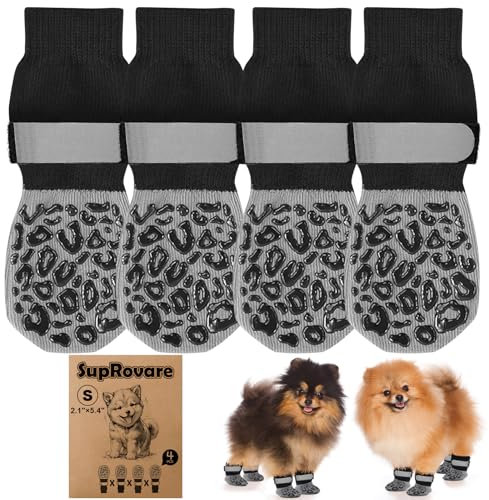 4 Calcetines Antideslizantes para Perros con Cierre de, Correa Luminosa, Zapatos para Exteriores, Estampado de Leopardo, protección contra Fugas, Zapatos pequeños, protección para Patas para Perros