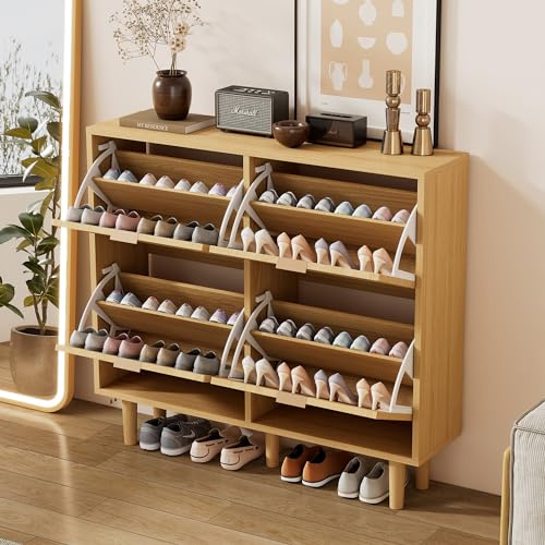 ModernLuxe Schuhschrank mit 4 Klappschubladen,Rattan Schuhkommode mit Metallgriffen im Landhausstil, Schuhregal für Flur, Schlafzimmer & Wohnung,Platzsparendes Design - 100 x 25 x 90 cm - Helle Eiche