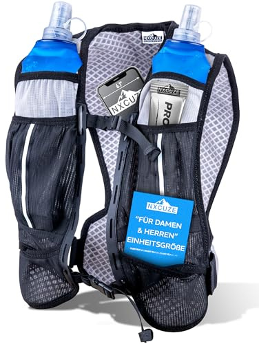 NXCUZE® Laufweste Damen & Herren – Mit 2 Softflasks je 500 ml - Perfekte Passform durch verstellbare Gurte – Rutschsicher durch Gummierung