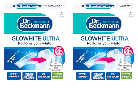 Dr Beckmann Glowhite Ultra Fabric Whitener 8 x 40g Sachets | Whitening Powder for Whites | Brightens Dull Grey Laundry | Machine Wash Fabric Brightener + EPISHED guide included