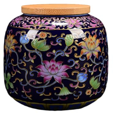 XYUERU Ceramic tea caddy with airtight wooden lid, Chinese design, for tea, coffee, spices and sweets, moisture-resistant, decorative storage jar(Nero)