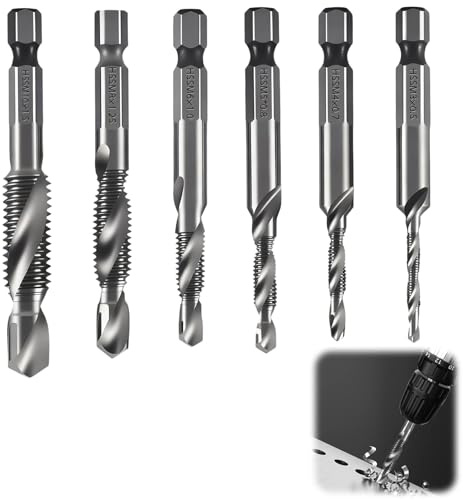 Coffret 6 Forets Taraudeurs M3 M4 M5 M6 M8 M10 Tige Hex 6mm, Taraudage et Perçage 1 Étape, Compatible Perceuses Électriques, pour Métaux Tendres, Bois et Plastiques