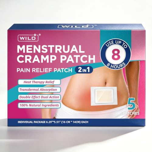 WILD+ Värmeplåster menstruationskramper, smärtlindring för perioden, nedre buken, lugnande värmeterapi – direkt mot huden extra varm, naturliga ingredienser engångsperiod kramp värmedynor (5