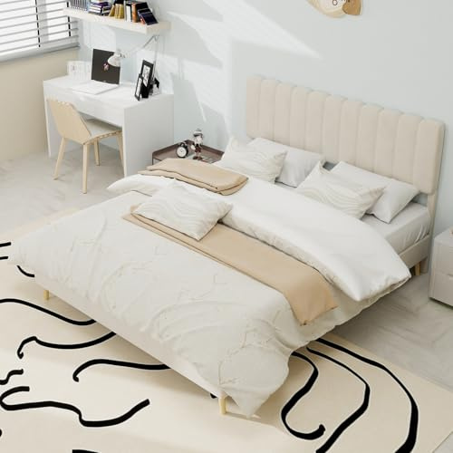 HaoChrymec Letto Imbottito Moderno in Tessuto con Testiera Morbida, Struttura Bassa Senza Contenitore, Design Minimalista per Camera da Letto, Letto Matrimoniale, Beige, 140x200 cm