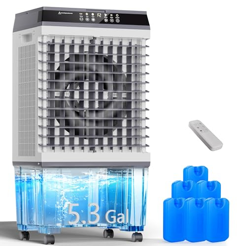 Uthfy Evaporative Air Cooler, 3-IN-1 Swamp Cooler with 5.3 Gallon Water Tank, 6 Ice Packs, Remote, 12H Timer, 120°Oscillation, Portable Cooling Fan with 3 Speeds for Bedroom Home Office Garage