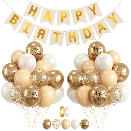 Luftballons Geburtstag Deko Beige Weiß Gold Set,53 Geburtstagsdeko Creme Sandweiß Gold Ballon mit Banner & 2 Rolle Band,Happy Birthday Luftballons Konfetti Helium Ballons Birthday Decorations