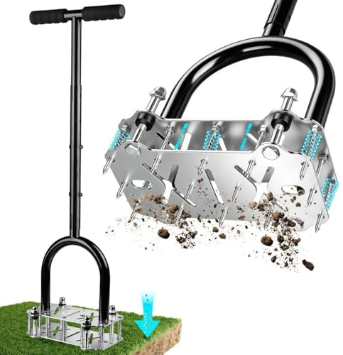 Aerifizierer für Rasen aus Edelstahl,Rasenbelüfter mit 14 Langlebigen Spikes,Abnehmbares Rasenspecht Aerifizierer mit Rutschfester T-Griff,Gartengerät zum Rasen Belüften und Auflockern (Schwarz)