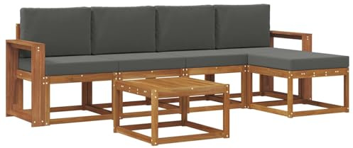 HETFTJN Juego de sofá de jardín de madera maciza de acacia, juego de salón exterior con tapicería, conjunto modular de muebles de jardín con mesa y taburete, para terraza y balcón, color natural y
