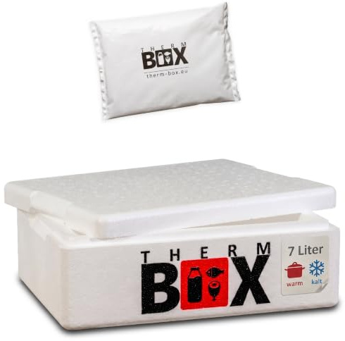 THERM BOX Caja de poliestireno de 7 W, 7 litros, nevera con 1 acumulador de gel, paquete de refrigeración de gel, tamaño interior 33,5 x 23,5 x 9 cm, grosor de pared de 3 cm, caja térmica reutilizable