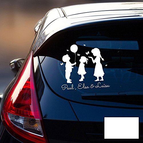 Autotattoo 3 Kinder Autoaufkleber Familie Sticker Heckscheibe Junge & Mädchen Luftballon & Wunschnamen M2197 - ausgewählte Farbe: *weiß* ausgewählte Größe: *L - 35cm breit x 35cm hoch*