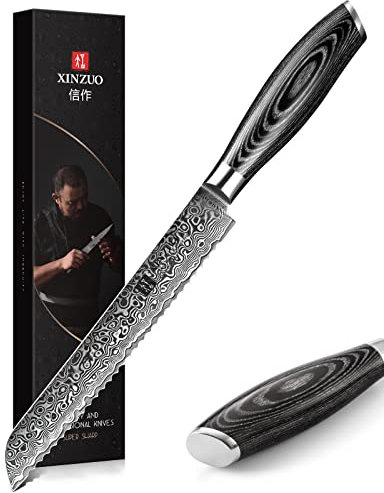 XINZUO 20cm Damaststahl Brotmesser-scharfes und haltbares gezacktes Messer Profi Küchenmesser-Ergonomischer Pakkaholz Griff mit Geschenkbox-geeignet für alle Arten von Brot und Kuchen