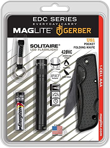 MAGLITE Solitaire LED 1AAA Mini-Taschenlampe schwarz GERBER Pack (Messer)