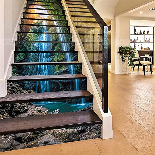 FLFK 3D Cascata nella profonda foresta Autoadesiva Le scale alzata Murale Vinile decalcomania Adesivi per scale decorazione 39,3 pollici x7,08 pollici x 13 pezzi