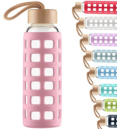 Cleesmil Sports Glass Water Bottle with Silicone Sleeve with Bamboo Lid BPA Free 360 ml (Rose)