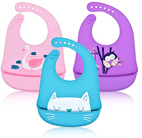 FILOWA Lot de 3 bavoirs en silicone pour bébé - Étanche - Large poche - Attrape-miettes - Unisexe - Doux et facile à nettoyer - Motif animal - Lavable en machine - Sans désordre - Qualité alimentaire