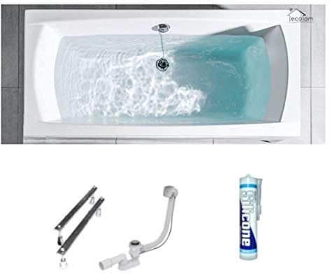 ECOLAM® Badewanne Wanne Rechteck Ines Polimat Design Acryl weiß 190x90 cm + Ablaufgarnitur Ab- und Überlauf Automatik Füße Silikon, Rechteckbadewanne für Zwei