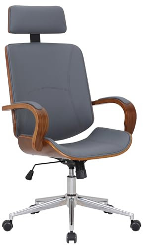 CLP Bürostuhl Dayton aus Kunstleder Drehstuhl mit Kopfstütze, Wippfunktion, Höhenverstellung & 360° Drehfunktion, Farbe:walnuss/grau