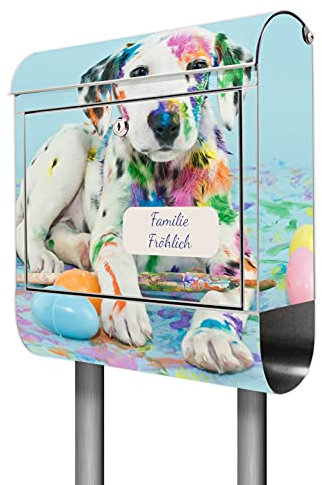 banjado® Briefkasten mit Standfuß personalisiert Motiv Bunter Dalmatiner - Stand Briefkasten Edelstahl mit Zeitungsfach - Postbox/Postkasten A4 Einwurf inkl. Montagematerial & 2 Schlüssel