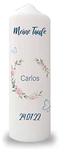 GRAVURZEILE Vela para bautizo con diseño de mariposa con nombre, fecha y mensaje de bautizo – Vela pilar de alta calidad 25080 mm brillante impresa – Regalo personalizado para bautizo para niñas y
