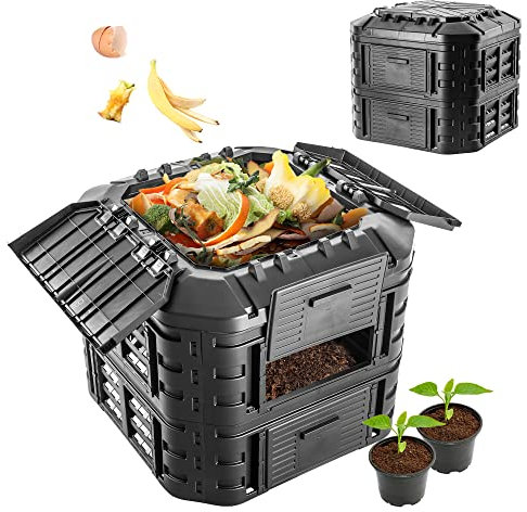Sistema di compostaggio del modulo Kadax, composter rapido realizzato in plastica, composter con pulsanti, compost termico nero con coperchio pieghevole (600L)
