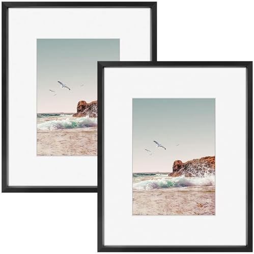 Frametory, 8x10 Metal Picture Frame with Mat for 5x7 Picture & Real Glass, Aluminum Photo Frame Collection (Black, 2 Pack)