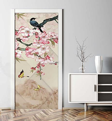 MyMaxxi Türtapete selbstklebend - Einteilige Türfolie 90x200 cm - Motiv: blühender Blütenzweig mit Vögel Türklebefolie zum verschönern & bekleben der Tür - Türaufkleber aus Klebefolie