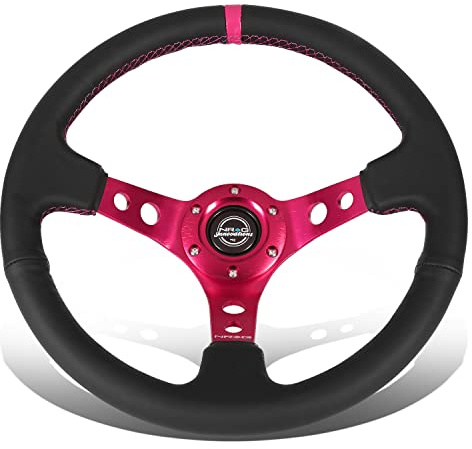 NRG Innovations NRG-RST-006FH Verstärktes Lenkrad, 350 mm Sportlenkrad (7,6 cm tief), schwarzes Leder, fuchsiafarbene Mittelmarkierung mit fuschiafarbenen Nähten, Fuchsia-Speichen