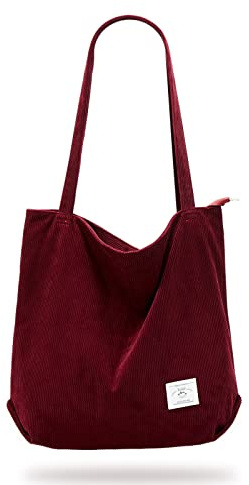 KALIDI Thicken Corduroy Totes Bag Extra Large Capacity Handbags Shoulder Bags with Zipper Cord Tote Bag for Women Ladies Girls Casual Shopping Bag for Work School College Daily Use (Burgundy)