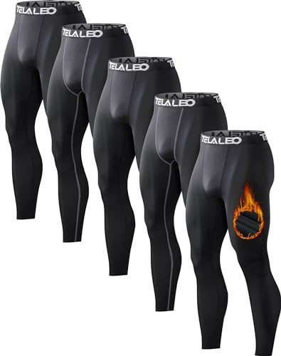 5 Pack Men's Thermal Compression Pants Fleece Lined Sports Tights Athletic Leggings Cold Weather Baselayer Winter Gear M