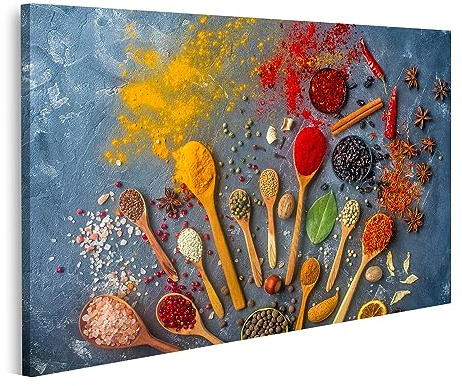 islandburner Quadro su tela Spezie colorate Cucchiai di legno Semi Erbe Noci Tavola di pietra scura Cucina I JEJD Quadri Stampe Immagini Murale Decorazione da parete