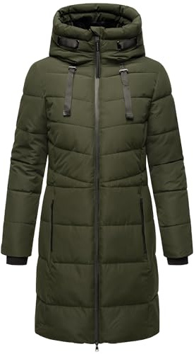 MARIKOO Damen Wintermantel warmer Steppmantel lang mit verstellbarer Kapuze und hohem Kragen Natsukoo XVI Dark Olive Gr. XL