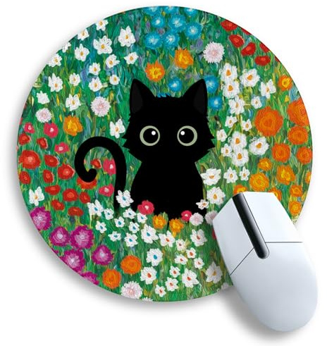 Gctriki Svart katt musmatta, små runda musmattor för skrivbord, spelmusmatta med sydd kant halkfri gummibas, mini musmatta för bärbar dator, sött kontorsskrivbordstillbehör, dekor för kvinnor