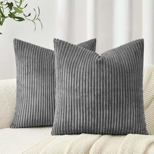 Topfinel Kissenbezüge 60x60 Dunkle Grau Kordsamt 2er Set gestreiftes Muster Kissenbezug Kissenhülle für Dekokissen Sofakissen Couchkissen Dekokissen Zierkissenbezug Deko Kisse