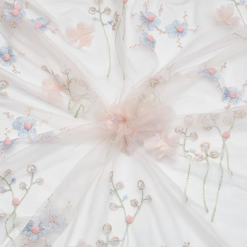 MAYJOYDIY 91x160cm Rosa 3D Bestickter Blumenstoff Besticktes Blumenmuster Rosa Pompon Netz Organza Weiche Spitze Tüllnetz Stoffe Für Stoff Basteln Kleider Röcke Nähen Hochzeit