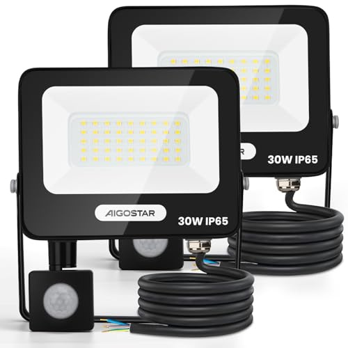 Aigostar 30W LED Strahler mit Bewegungsmelder Außen，2 Stück ，2750LM，4000K Naturweiß Außenstrahler，IP65 Wasserdicht Scheinwerfer，Fluter für Innen，Garten， Innenhöfe， Haus，Garage， Hote