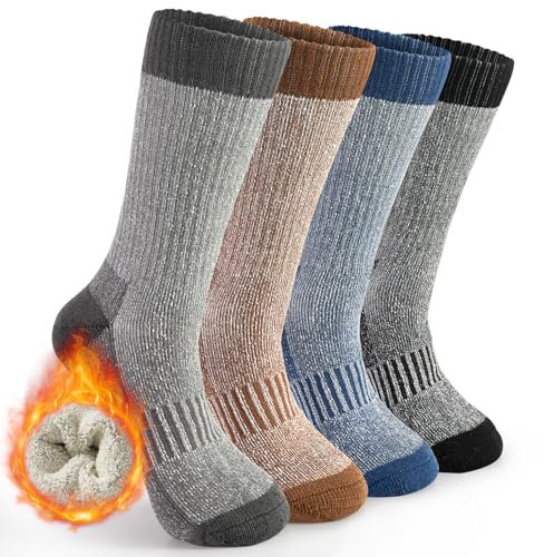 QonLou Thermal Socks for Men 9-12 - 4 Pairs Thick Wool Warm Mens Socks for Work Walking and Gift