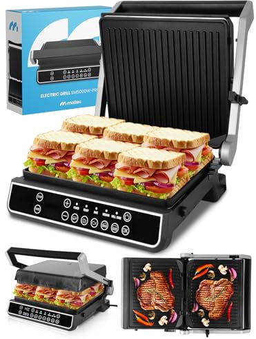 MalTec Kontaktgrill mit Auffangschale SM5000W-PRO Elektrogrill 2500W Panini Sandwichmaker, 3 Frittierstufen, 5 Programme, Abnehmbare Platten